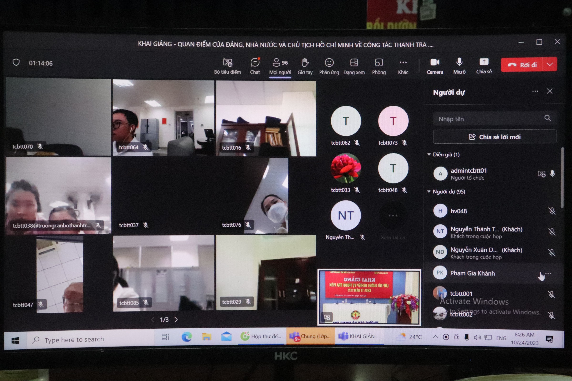 Khai giảng lớp Bồi dưỡng Nghiệp vụ thanh tra viên Khóa 19 năm 2023 theo hình thức trực tuyến