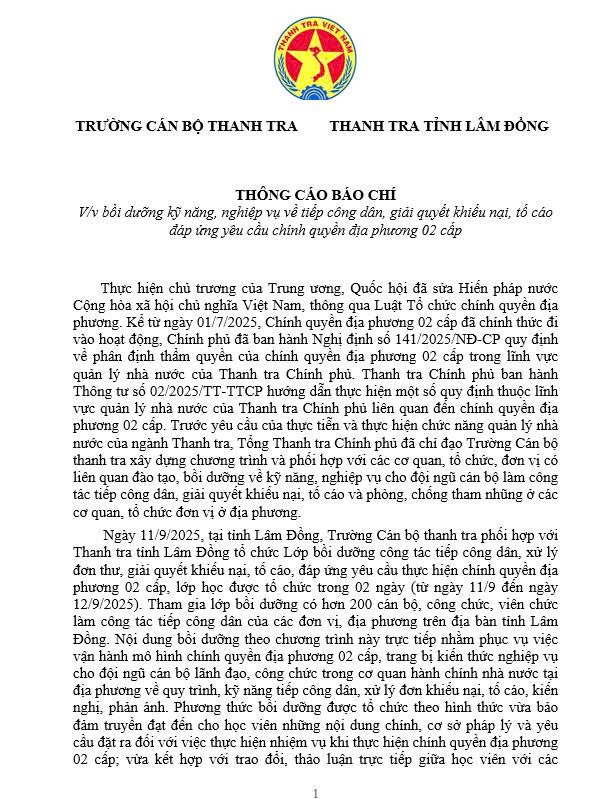 THÔNG CÁO BÁO CHÍ Lớp bồi dưỡng kỹ năng, nghiệp vụ về tiếp công dân, giải quyết khiếu nại, tố cáo đáp ứng yêu cầu chính quyền địa phương 02 cấp tại tỉnh Lâm Đồng