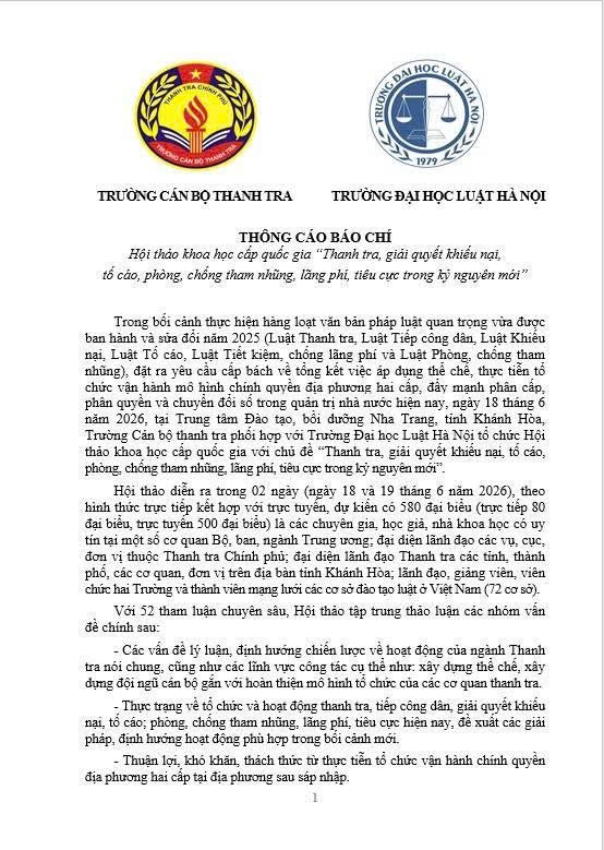 Hội thảo khoa học cấp quốc gia “Thanh tra, giải quyết khiếu nại, tố cáo, phòng, chống tham nhũng, lãng phí, tiêu cực trong kỷ nguyên mới”